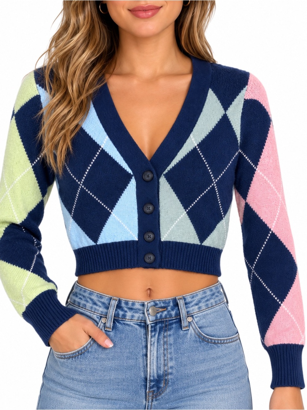 American Eagle Cropped Argyle Cardigan Sweater XS Pastel Navy